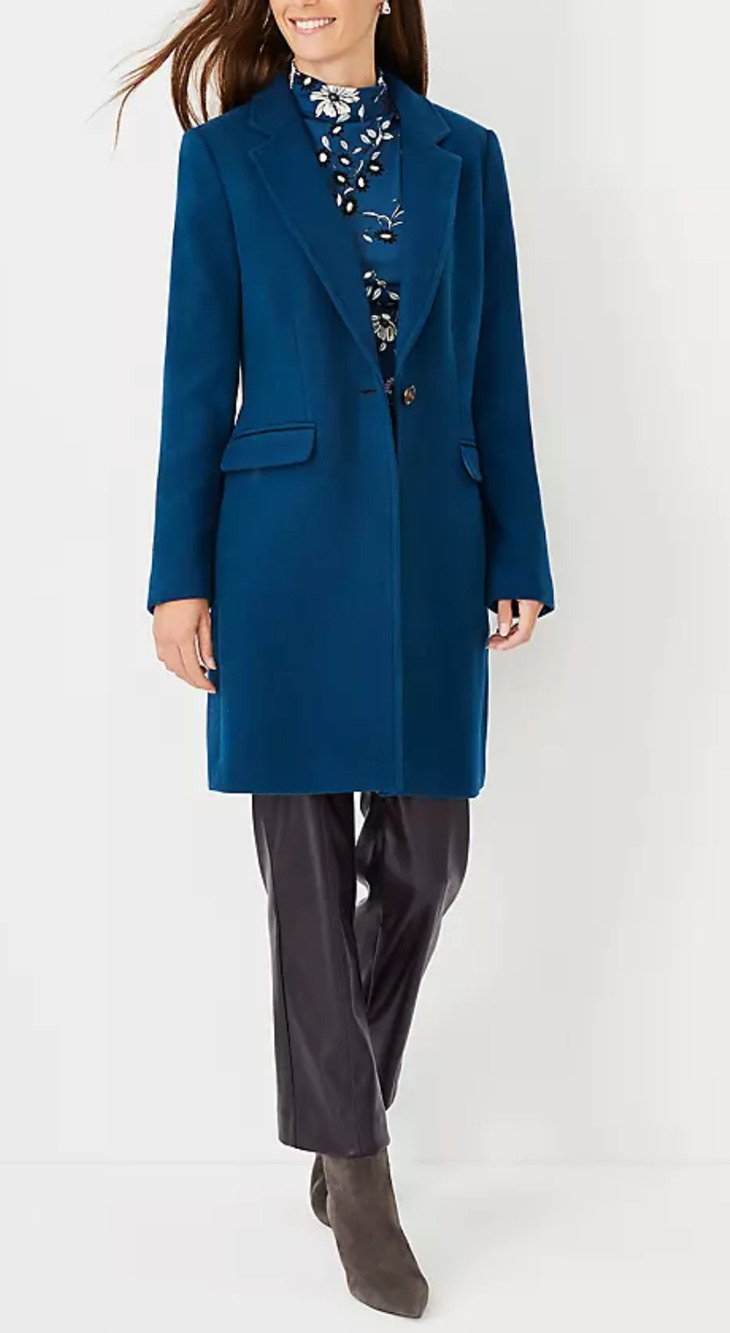 NEW ANN TAYLOR SEA STORM BLUE PETITE WOOL BLEND SHORT CHESTERFIELD COAT XXSP XXS